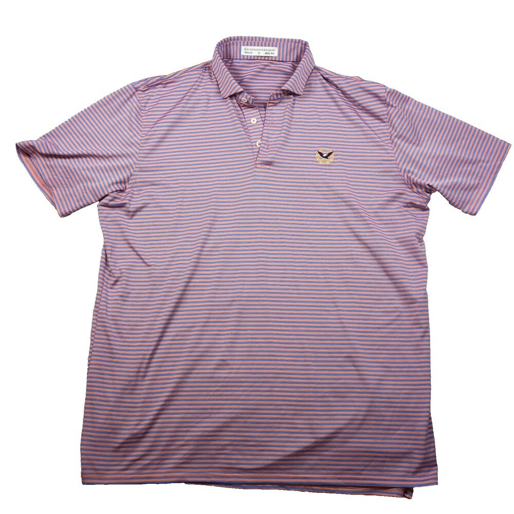 Holderness Bourne Polo Shirt Mens XL Pink Blue Striped‎ The Landale Golf Stretch